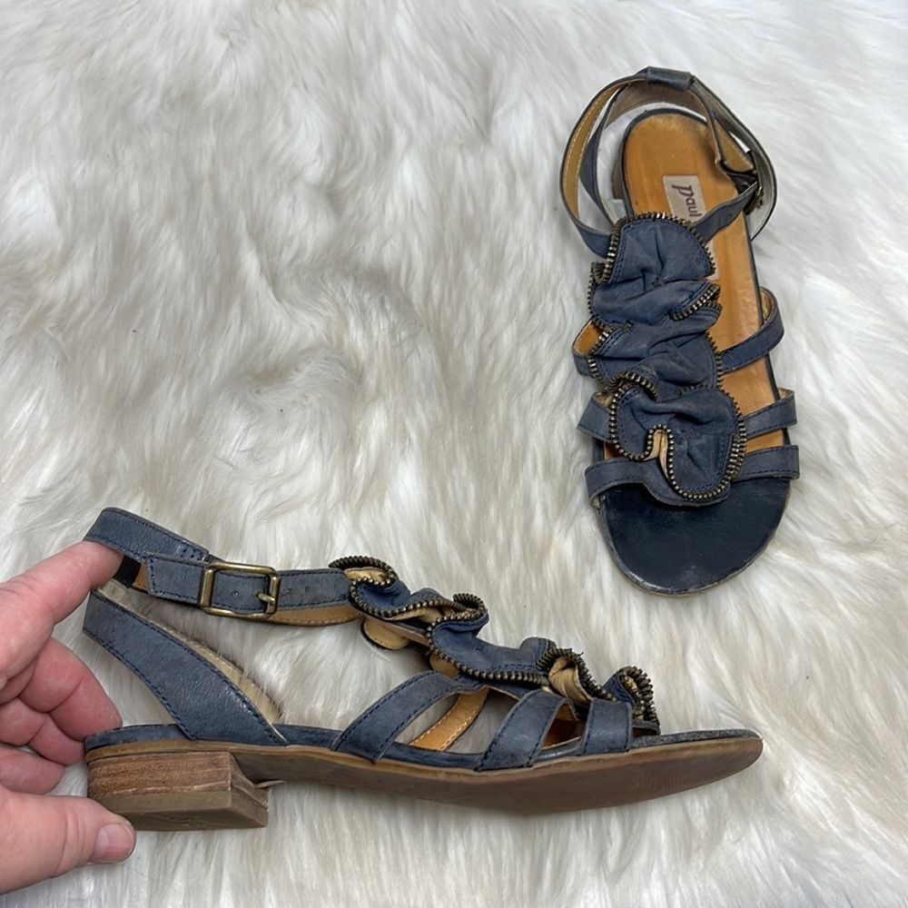 Paul Green Blue/Grey Leather Zipper Trim Sandals Sz 3.5/Us Sz 6
